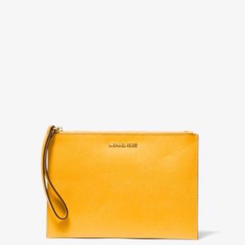 Michael Kors Jet Set Yellow Leather Pouch W/ Gold Detail